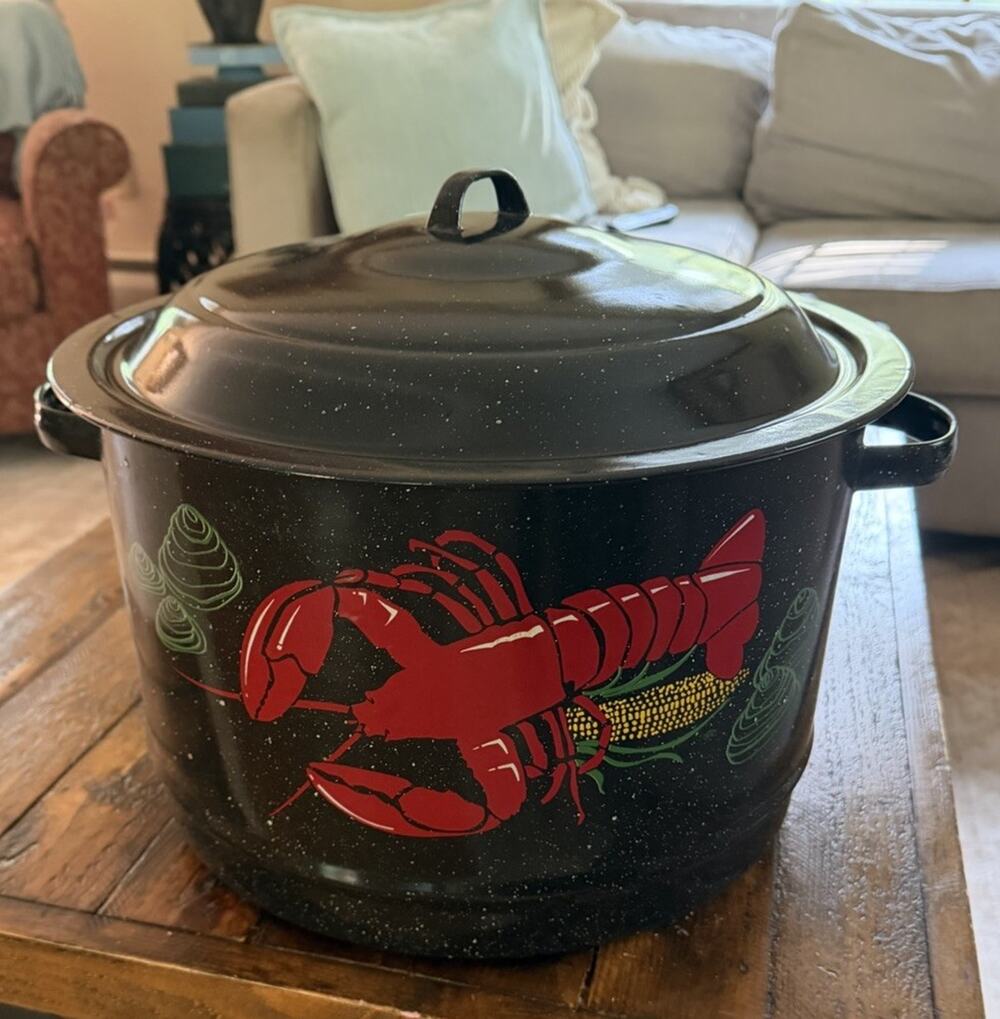 Vintage LOBSTER POT Black Graniteware Kettle Speckled Enamel Metal Stockpot